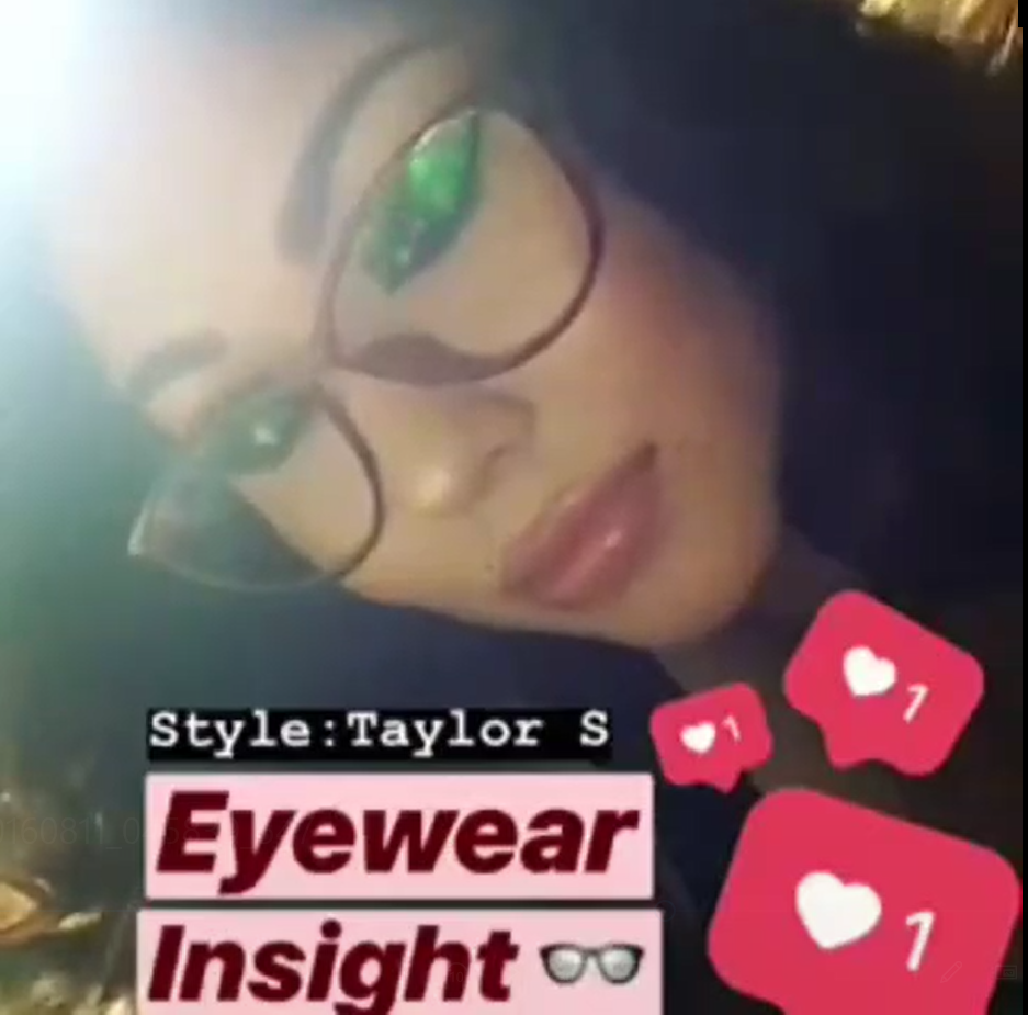 young woman wearing tortoise red cateye frames with heart emoji for eyewear insight